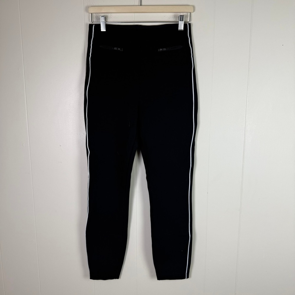 SPANX Womens M Perfect Pant Ankle Ponte‎ Knit Leggings Black White Stripe